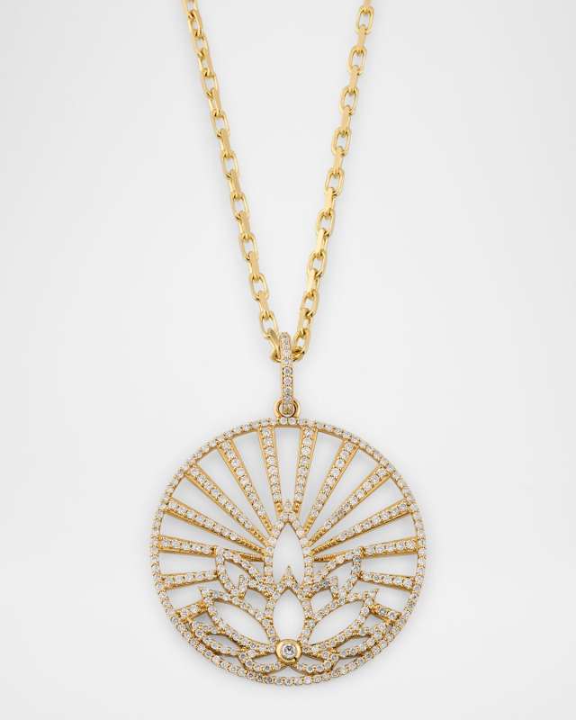 14K Yellow Gold Diamond Sunray Lotus Pendant Necklace